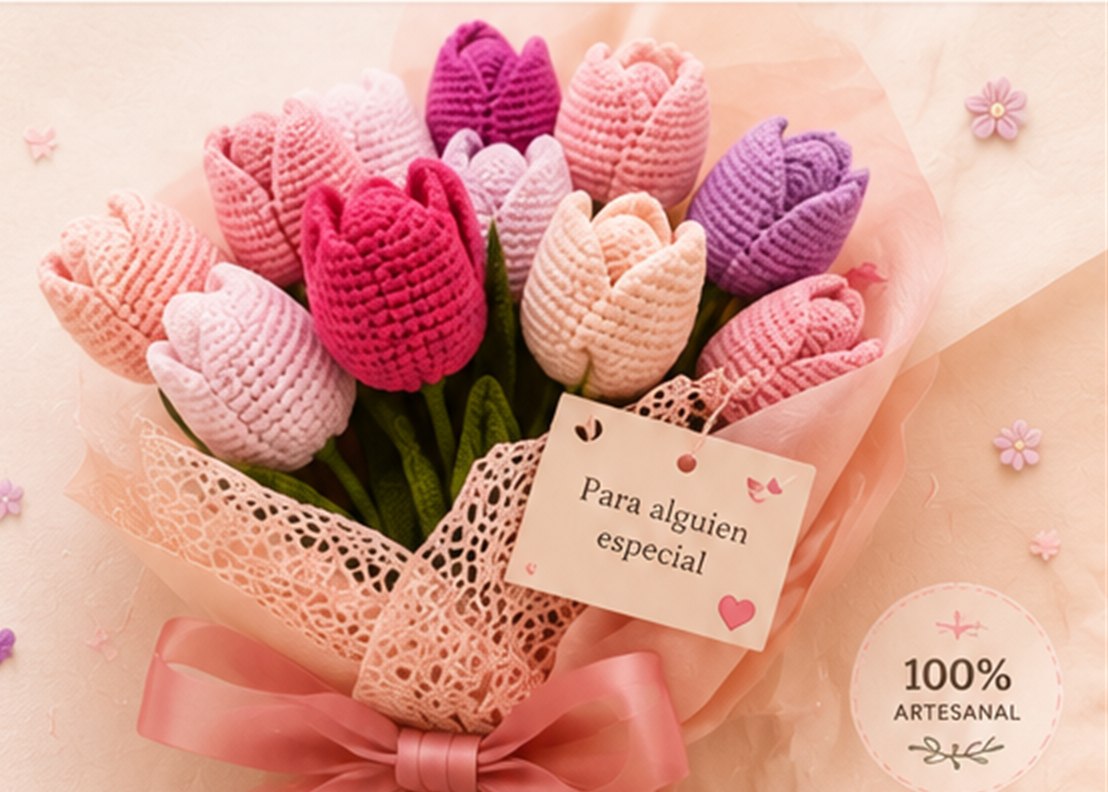 Ramo de tulipanes tejidos a mano en crochet, con etiqueta «Para alguien especial»