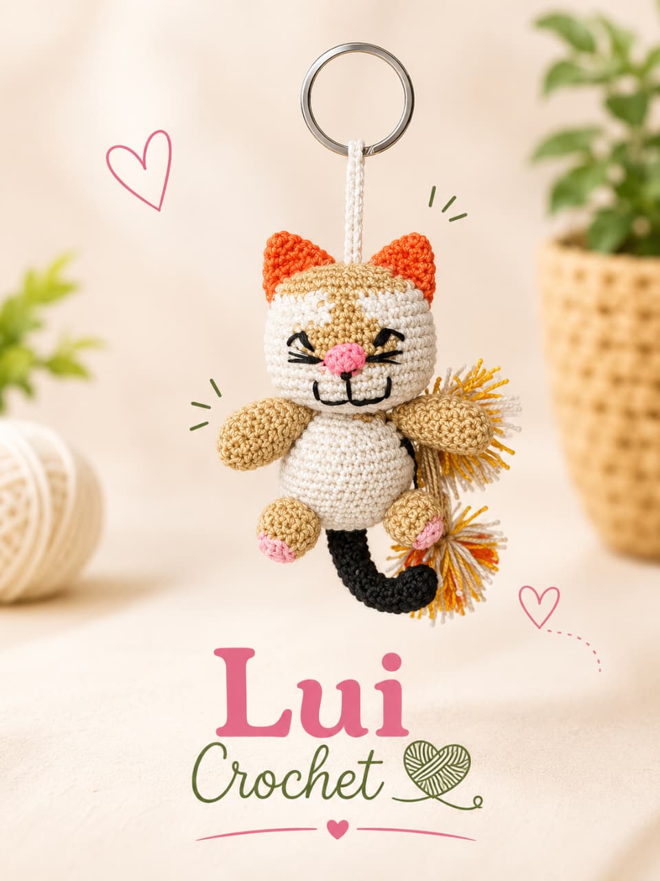 Llavero de gato tejido en crochet con orejas naranjas y cola con pompón